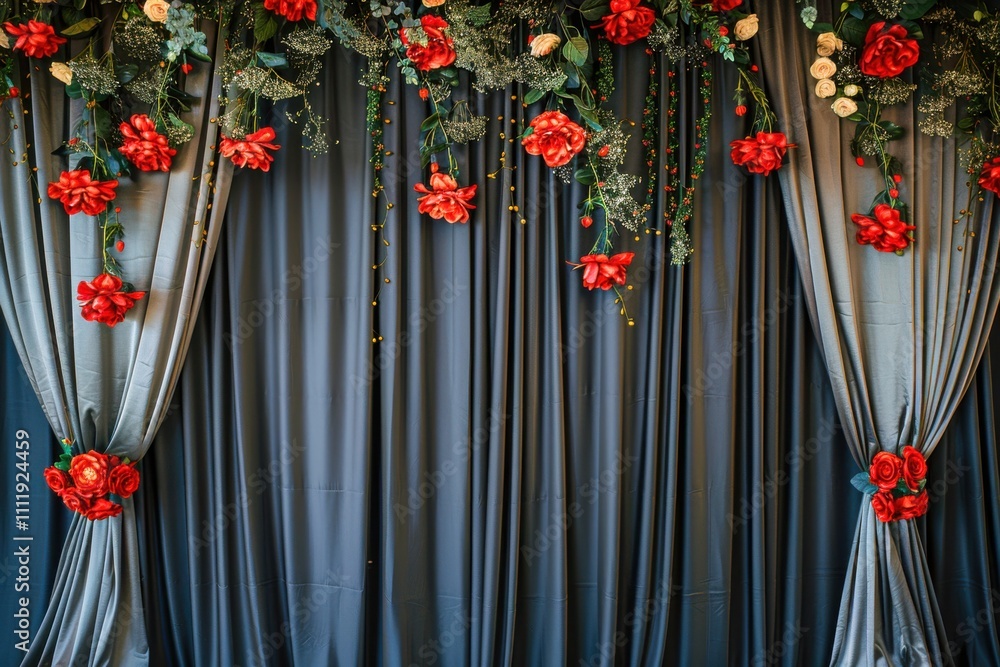 Poster imperial russian style deep navy studio backdrop with a matte finish, luxurious silver curtains, ado
