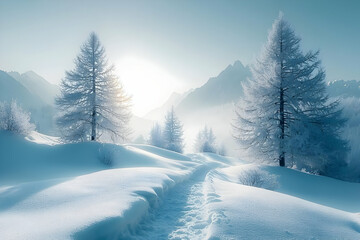 Winter Wonderland Path Through Snowy Mountains