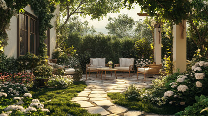 Fototapeta premium 3D rendering and illustration of a home garden exterior, showcasing a beautifully designed patio area. The patio is furnished with comfortable outdoor seating, such as stylish chairs and a table, ide