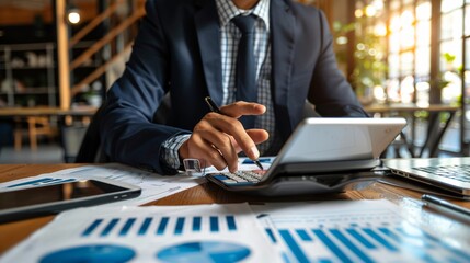 A professional businessman in a suit reviews financial data on paper and a tablet, showcasing modern technology integration in a contemporary office environment.