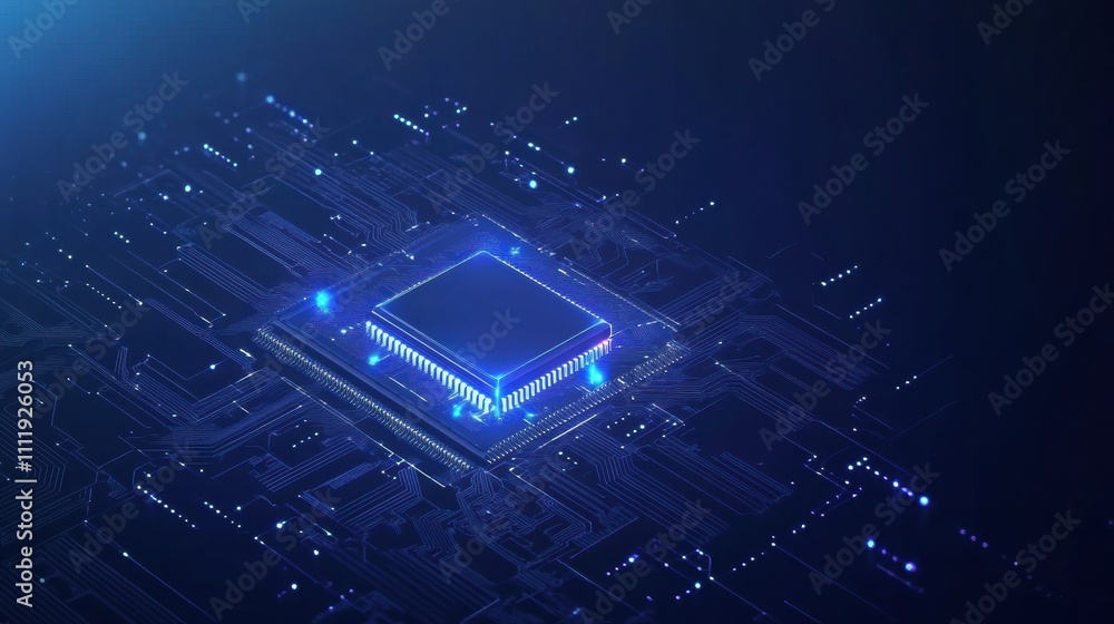 Poster A digital AI chip seamlessly integrates into an abstract representation of a technology brain against a dark blue background, showcasing innovation. Generative AI