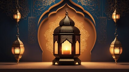Obraz premium Ramadan Kareem: Crescent Moon and Mosque Dome Design 