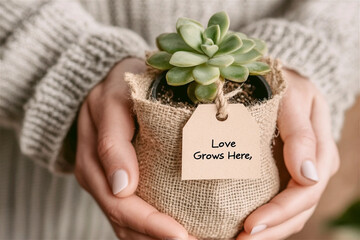 Woman is holding a small potted succulent plant in a burlap bag with a tag that says love grows here, symbolizing growth, care, and affection