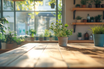 Fototapeta premium Montage product display wood table top on blur living room background.