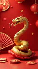 Obraz premium Chinese New Year 2025, a golden snake sculpture is surrounded by red fans and coins, reflecting celebration and tradition with oriental design elements in a festive color scheme.