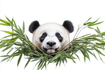 Fototapeta premium A panda looks curiously from behind a cluster of vibrant green bamboo leaves.