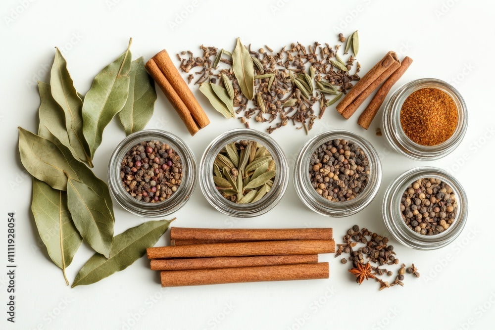 Aufkleber colorful jars filled with aromatic spices are surrounded by bay leaves and cinnamon sticks, creating
