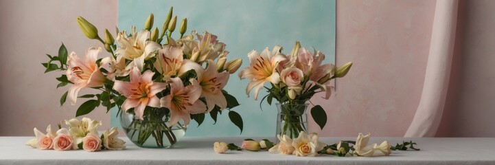 Soft pastel banner with lilies and roses in a vase.
Beautiful floral banner featuring fresh lilies and roses in a soft, romantic design.
Elegant flower delivery promotion with pastel colors 