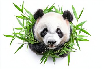 A panda interacts with fresh bamboo, appearing playful and curious. The animals black and white fur contrasts with the green leaves, creating a lively atmosphere.