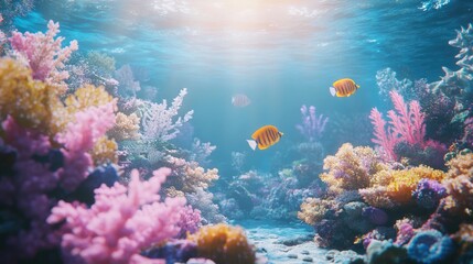 Vibrant underwater scene featuring colorful coral reefs and tropical fish swimming gracefully.