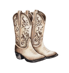 Watercolor cowboy boots. Painting isolated on white background.. Vintage style