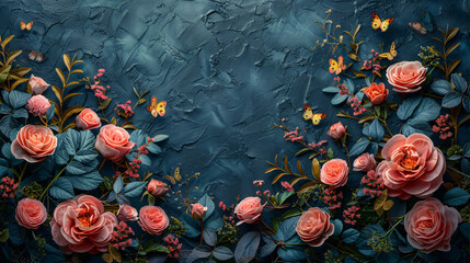 A romantic floral border of pink and red roses against a moody blue textured background