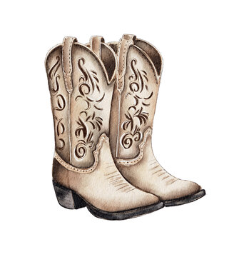 Watercolor cowboy boots. Painting isolated on white background.. Vintage style