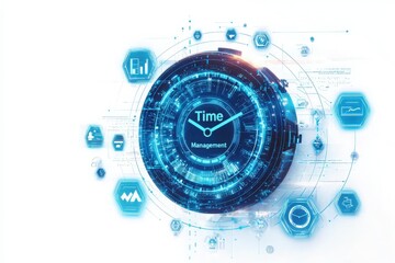 Fototapeta premium A futuristic digital clock showcases the concept of time management, surrounded by various technology icons indicating analytics, productivity, and efficiency.