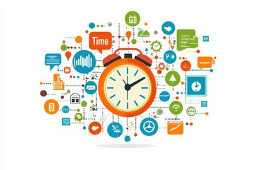 A clock surrounded by colorful icons representing communication, productivity, and technology. This visual emphasizes the importance of time management in modern life with engaging graphics.