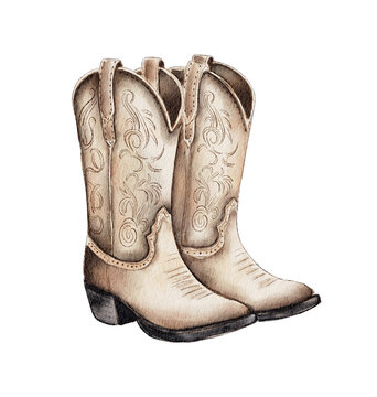 Watercolor cowboy boots. Painting isolated on white background.. Vintage style