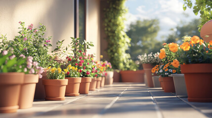 Fototapeta premium A hyperrealistic 4K rendering of a modern terrace on a vibrant summer day, capturing the cozy and serene atmosphere of the space. 