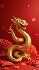 Fototapeta premium Chinese New Year 2025, a golden snake sculpture is surrounded by red fans and coins, reflecting celebration and tradition with oriental design elements in a festive color scheme.