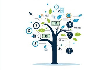 A creative depiction showcases a tree with leaves and branches representing financial concepts. The tree features icons symbolizing wealth, growth, and investments, highlighting financial prosperity.