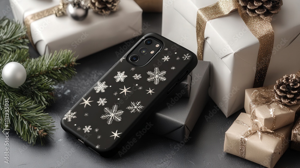 Poster a phone case with a delicate christmas pattern of shimmering stars and soft snowflakes, creating an 