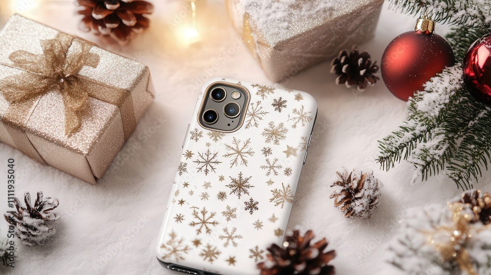 Poster a phone case with a delicate christmas pattern of shimmering stars and soft snowflakes, creating an 