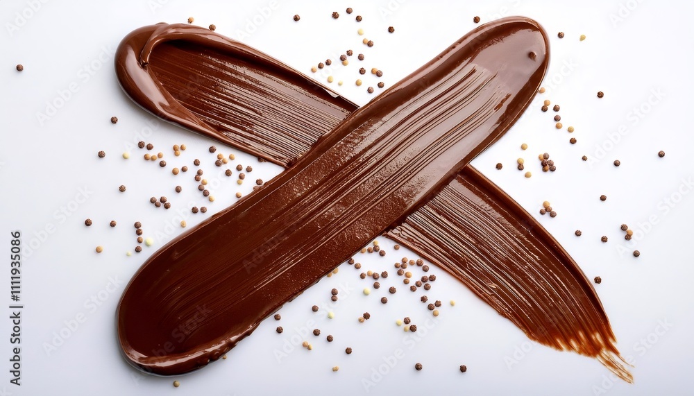 Poster melted chocolate cream creating a cross shape with colorful sprinkles on a white background