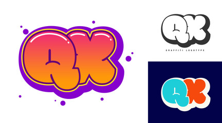 QX logo design for festival or party. Initial letter q and x in graffiti style. Creative modern lettering company name of font typography. Kids trendy logotype or identity.