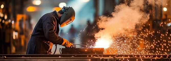 Fototapeta premium A man welder in a protective mask works in a workshop, sparks flying as he handles a technical job in a safe, industrial production setting.