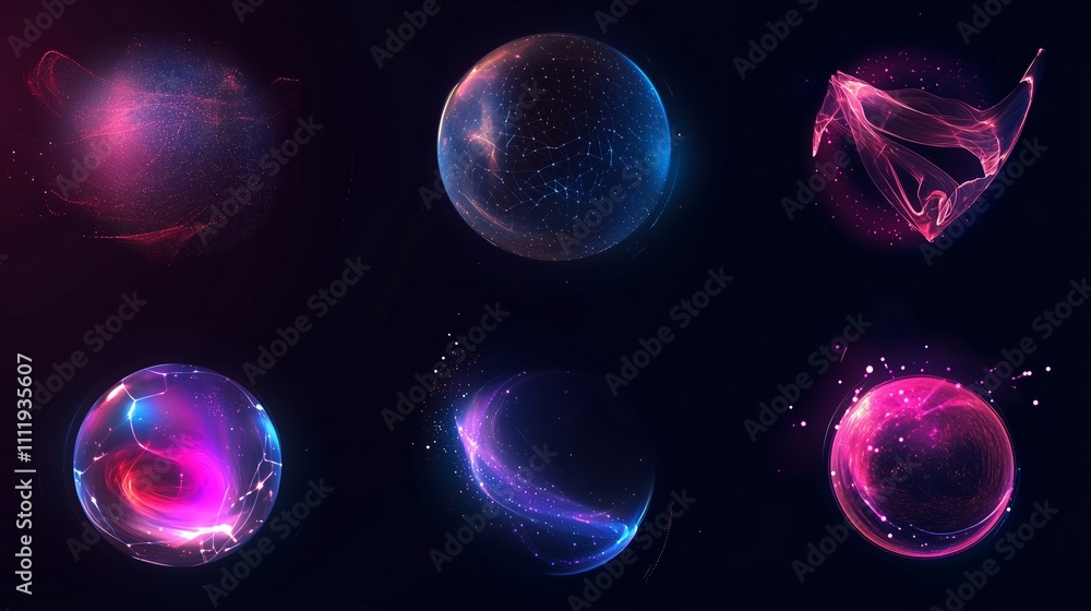 Poster colorful abstract spheres and flowing textures in a dynamic digital composition showcasing vibrant h