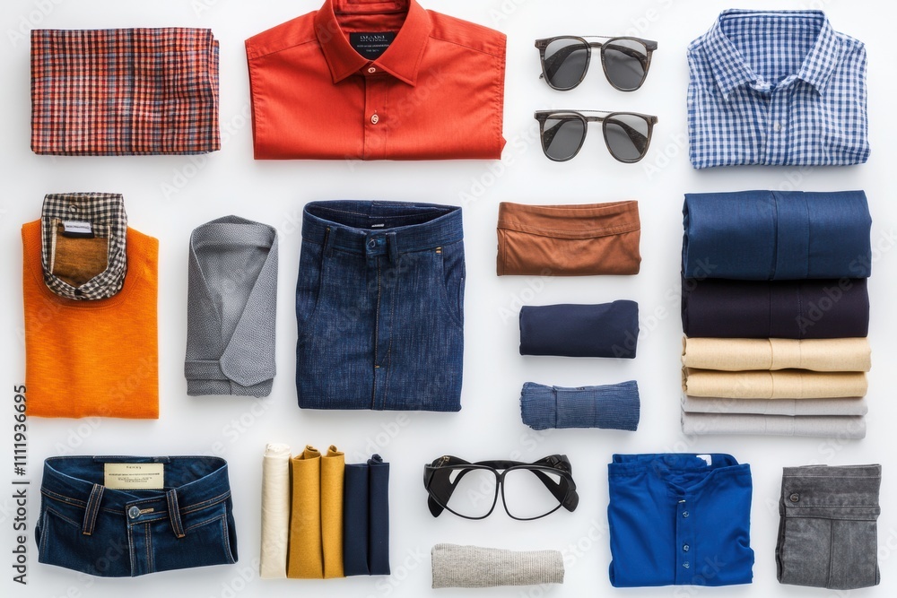 Aufkleber different styles of shirts, pants, and accessories displayed on a plain white background with space 