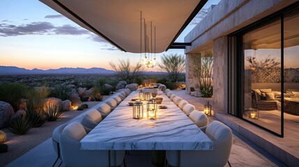 A luxurious dining terrace overlooking a pristine desert vista