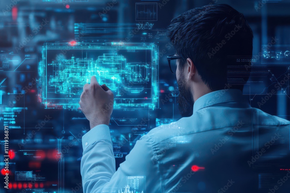 Aufkleber A leader analyzing a holographic digital twin of a smart factory, surrounded by advanced robotics, hightech design, 3D illustration