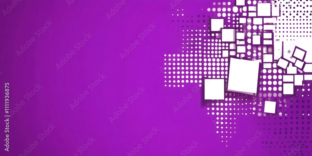 Poster modern and dynamic abstract composition with white squares and halftone dots on a vibrant purple bac