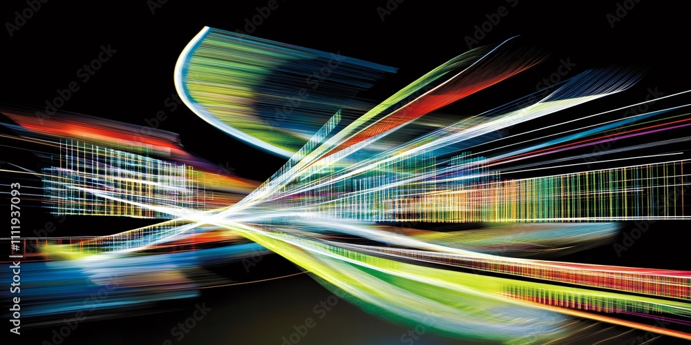 Poster vibrant light trails and grids merge and intersect, evoking a feeling of lively movement and vitalit