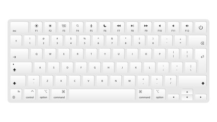 Keyboard Design on white Background. Vector Illustration of Computer and Laptop Key Buttons, Icons of Control, Enter, QWERTY, Alphabet, Numbers, Shift, Escape, Realistic Mockup. Vector.