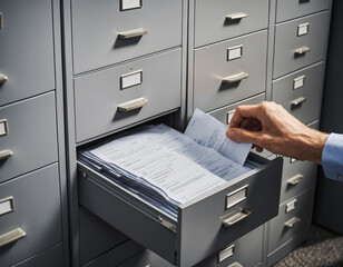 Office clerk searching for files into a filing cabinet drawer close up, business administration and data storage concept