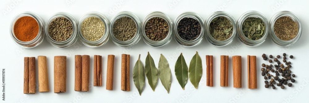 Aufkleber bright jars filled with various spices, alongside bay leaves and cinnamon sticks, create an aromatic