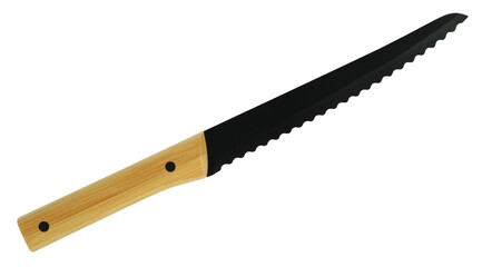 Black bread knife with bamboo handle isolated on white background. Modern kitchen concept