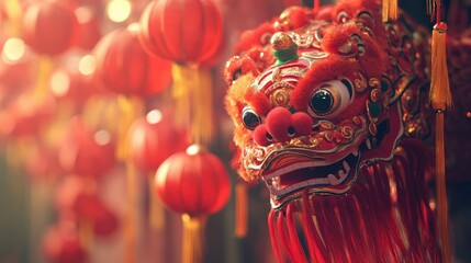 Fototapeta premium Close-up of a vibrant red lion dance head with traditional Chinese lanterns in the background.