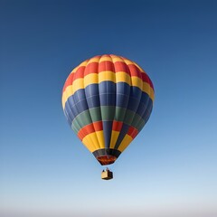 Fototapeta premium Hot Air Balloon Floating in a Vast Sky, hot air balloon, blue sky simplicity, floating serenity, minimalist travel, clear horizons, tranquil adventure, aerial solitude, exploration, huge, journey