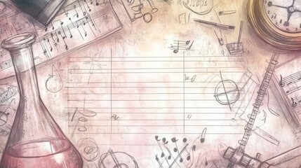 Fototapeta premium Artistic Background with Music Notation, Laboratory Equipment and Vintage Clock for Creative Projects