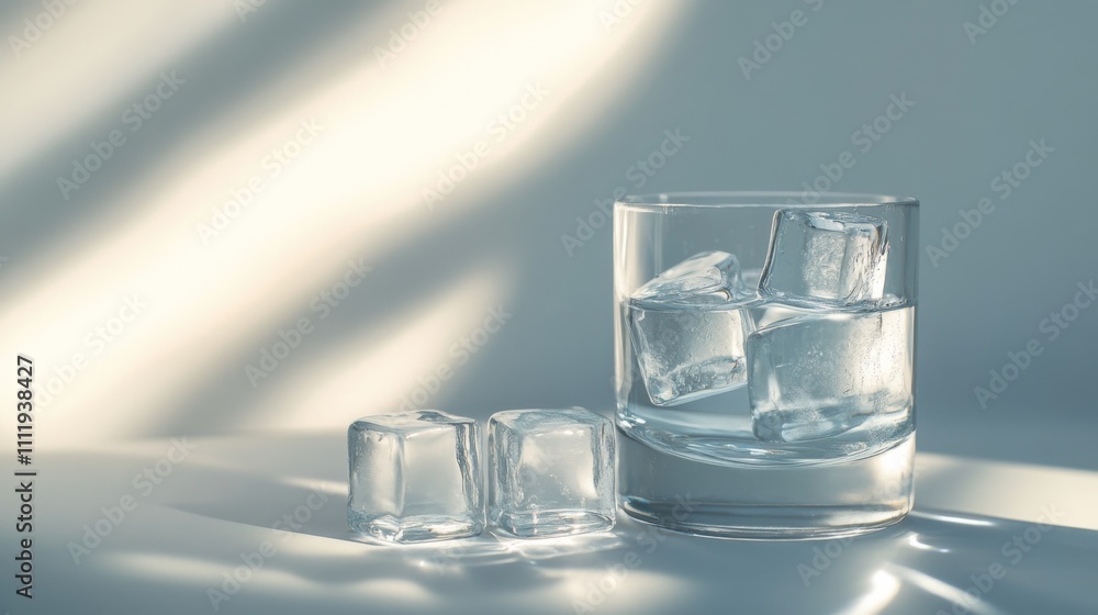 Aufkleber Ice Cubes in Glass with Soft Shadows and Minimalist Background