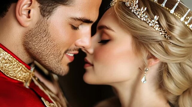 A Caucasian couple dressed as a prince and princess share a romantic moment, evoking themes of fairy tales and Valentine's Day