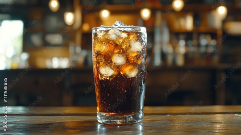 Poster Refreshing Glass of Cola with Ice Cubes in Rustic Bar Setting