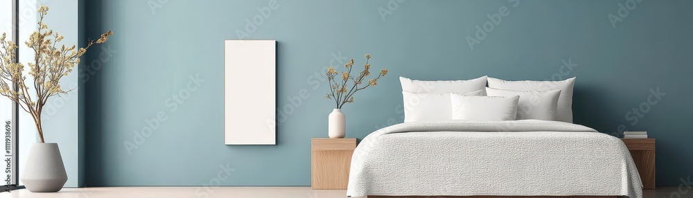 Poster a minimalist bedroom with textured bedding and softtoned walls side view restful textures technology