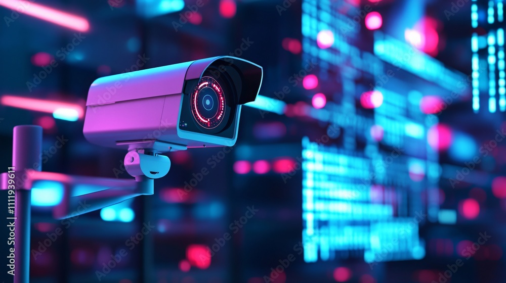 Aufkleber mounted surveillance camera with red illumination against a digital grid background. high-tech secur