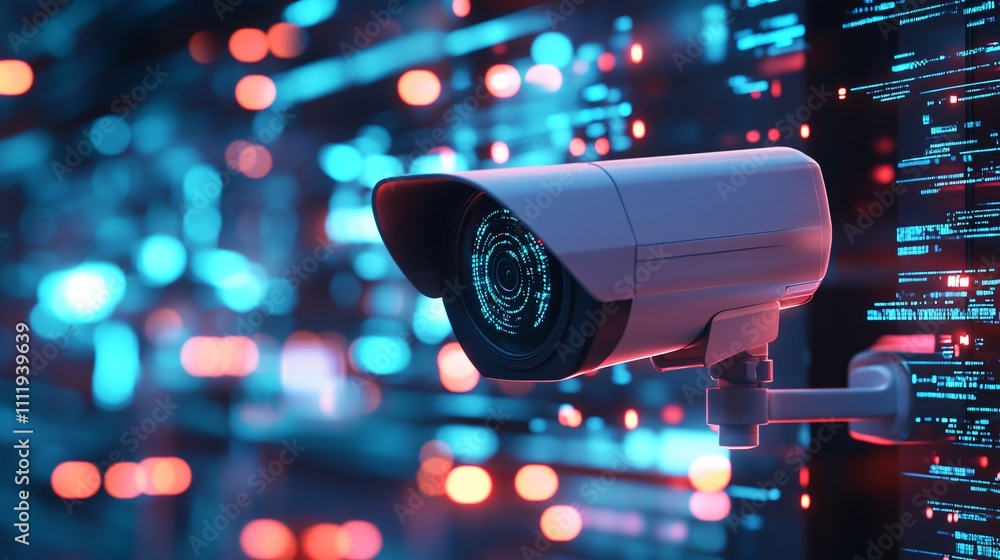 Aufkleber white security camera with glowing red lens on futuristic digital interface background. macro shot o