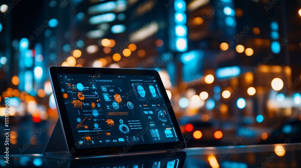 Aufkleber tablet device displaying digital security dashboard interface in urban night setting. technology and