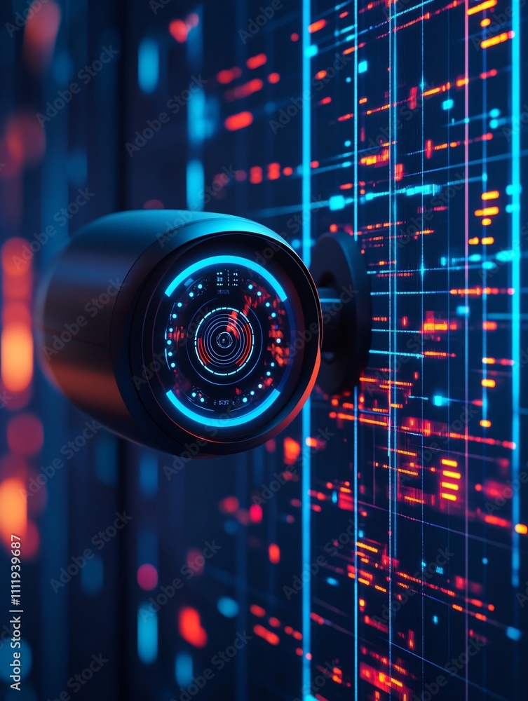 Aufkleber black security camera with glowing blue lens on abstract digital interface background. macro shot of
