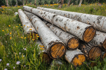 Aspen logs stacked in a meadow with wildflowers.